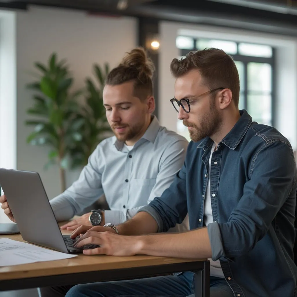 Consultores analizando datos en computadoras portátiles.